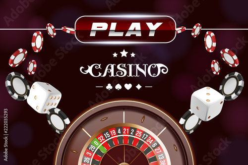 Casino background roulette wheel with dice and chips. Online casino poker table concept design. Top view of white dice and chips on black background. Casino sign. 3d vector illustration.