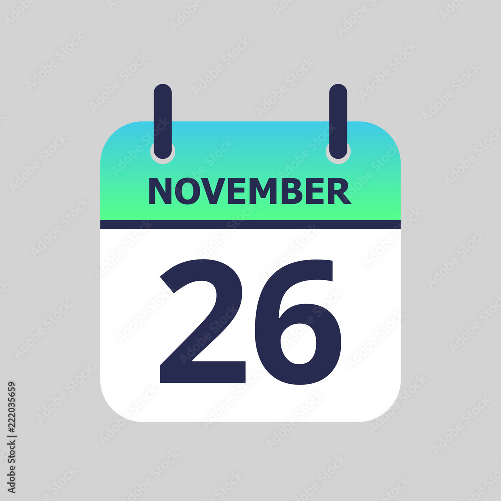 Flat icon calendar 26th of November isolated on gray background. Vector illustration. Flat icon calendar 26th of November isolated on gray background. Vector illustration.