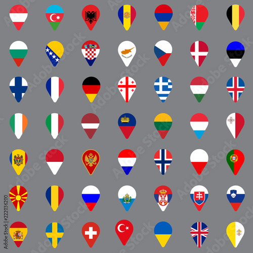 Set of forty nine geolocation icons. Flags of all European countries in the form of geolocation icons.  Geotag icons for your web site design, logo, app, UI.  Vector illustration EPS10.