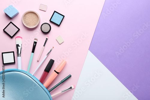 Makeup cosmetics on colorful background