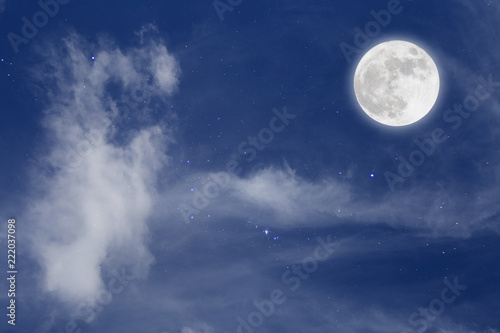 Full Moon With Cloud In Starry Night. Romantic concept.