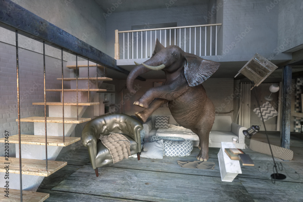 3D Illustration of an elephant calm in a interior. concept