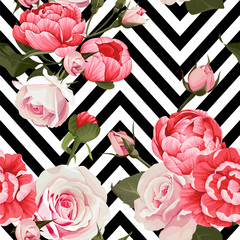 Papier peint photo Chevron patrons Pivoines roses chevrons noir blanc  © Лилия Судакова