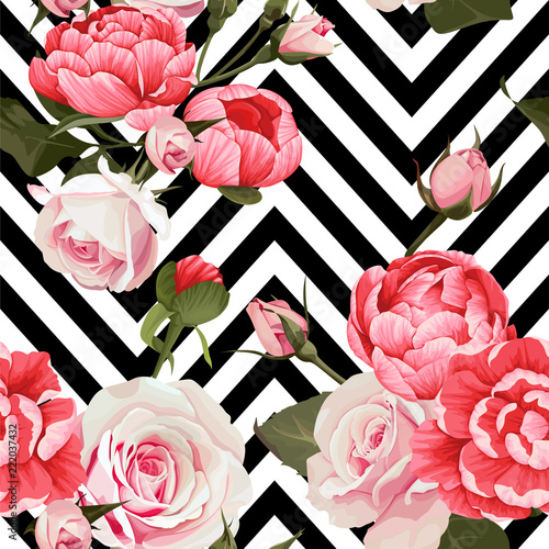 Peony and roses vector seamless pattern floral texture on a black and white chevron backgrounds
