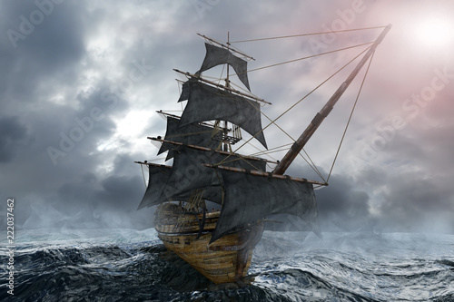 Fototapeta pirate ship sailing on the sea, 3D render