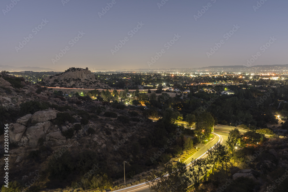 Night view of landmark Stoney Point rock formation and the San Fernando Valley area of Los Angeles, California.  