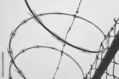 Black and white picture of a razor barbed wire against the sky, selective focus.