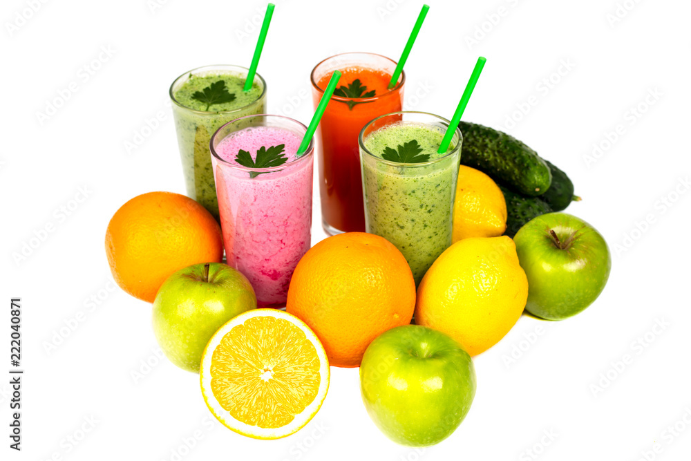 multicolor smoothies and fruits isolated on white background multicolor smoothies and fruits isolated on white background