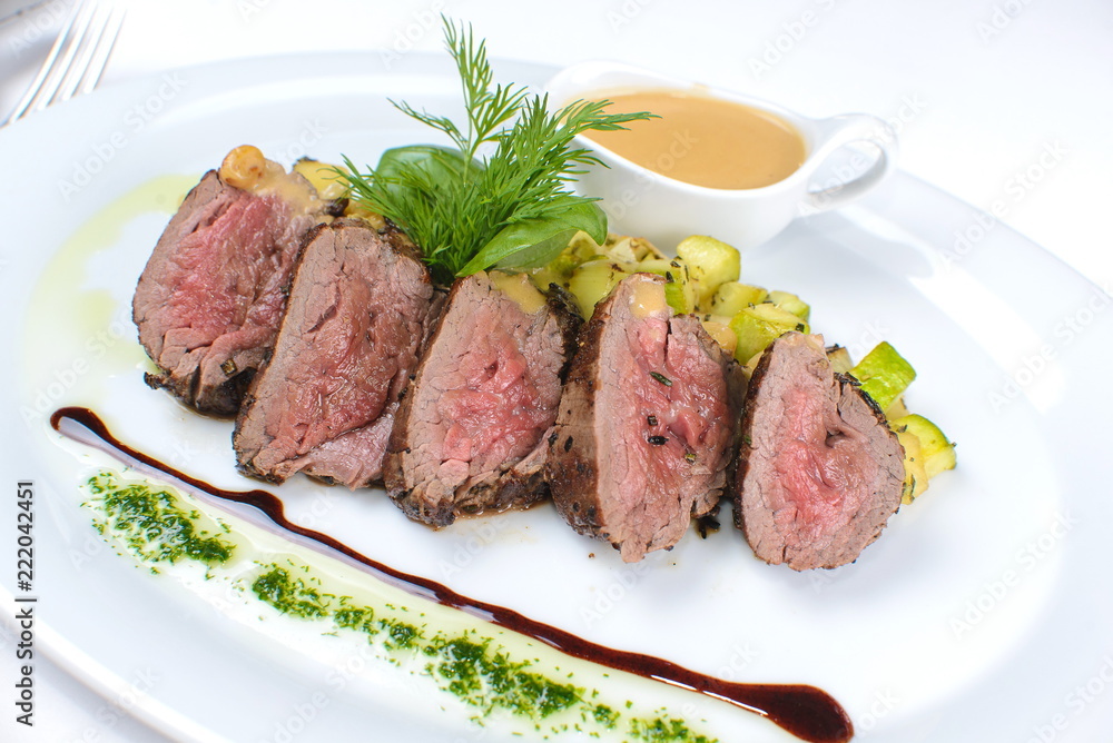 fillet mignon with sauce on a white plate