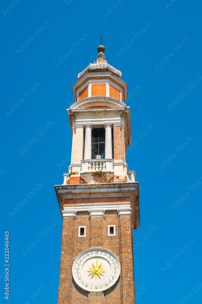 Clock on the campanile or belltower of the Chiesa dei Santi Apostoli, Venice, Italy