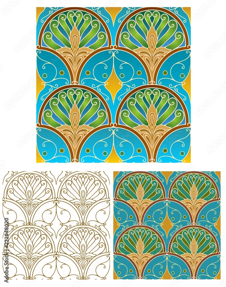 Peacock feather art deco fans, seamless pattern swatch with two bonus ...