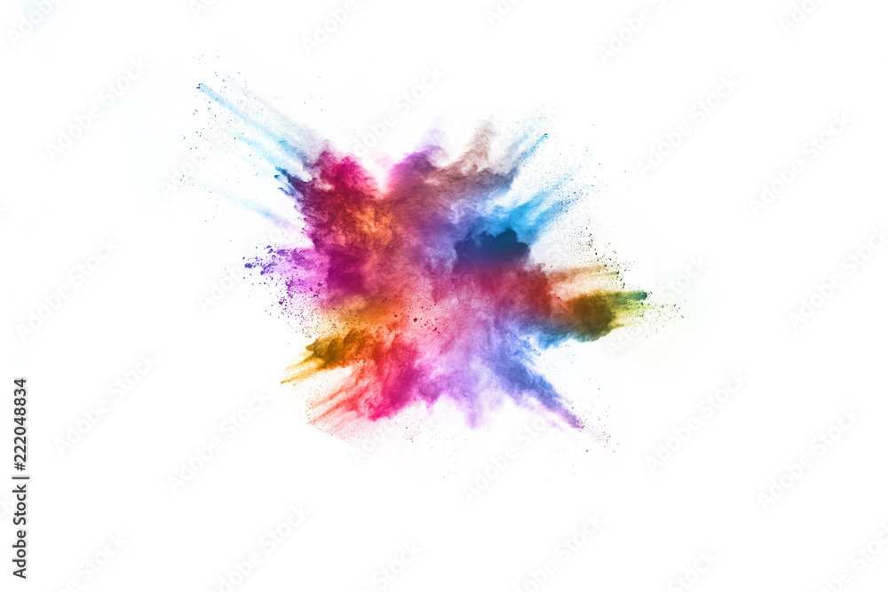 Obraz premium Colorful powder explosion on white background. Colored cloud. Colorful dust explode. Paint Holi.