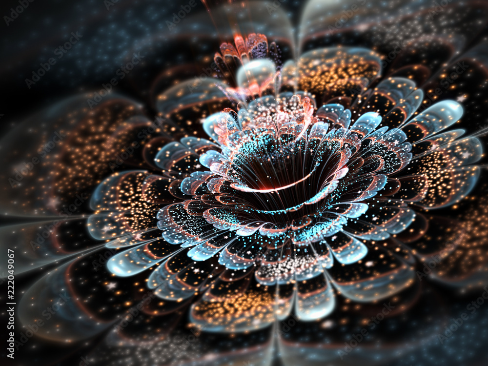 Naklejka premium Ciemny kolorowy fraktal kwiat, grafika cyfrowa na kreatywne projektowanie graficzne