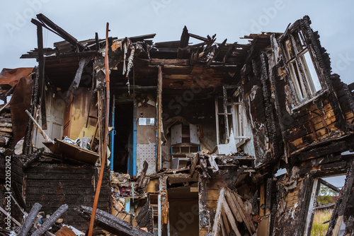 the old wooden burned-down house a view from inside