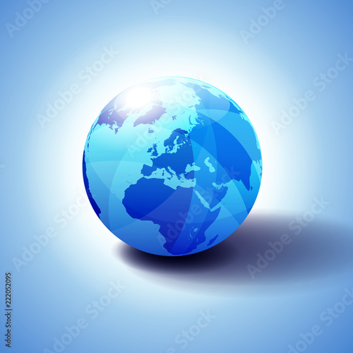 Europe, Middle East and Africa Background with Globe Icon 3D illustration, Glossy, Shiny Sphere with Global Map in Subtle Blues giving a transparent feel. © Roy Fenton Wylam