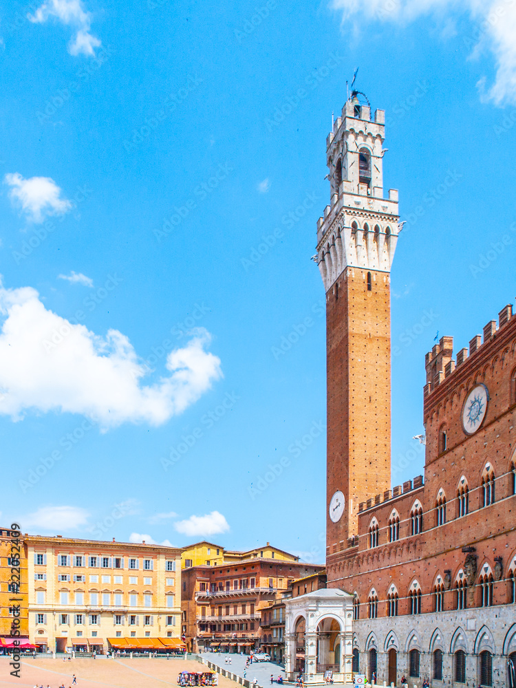 Bell tower, Torre del Mangia, of the Town Hall, Palazzo Pubblico, at the Piazza del Campo, Siena, Italy.