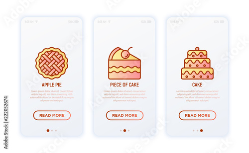 Bakery thin line icons set: apple pie, cake, cupcake. Sweet desserts. Vector illustration.