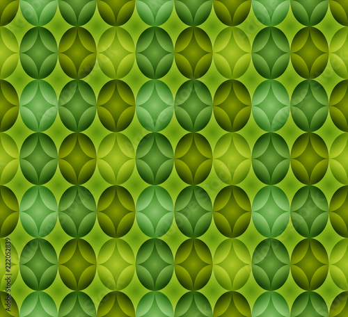 Seamless pattern made of oval abstract geometry shapes with inner starts in colors of shades of greenon grass colored background, Easter egg imitation