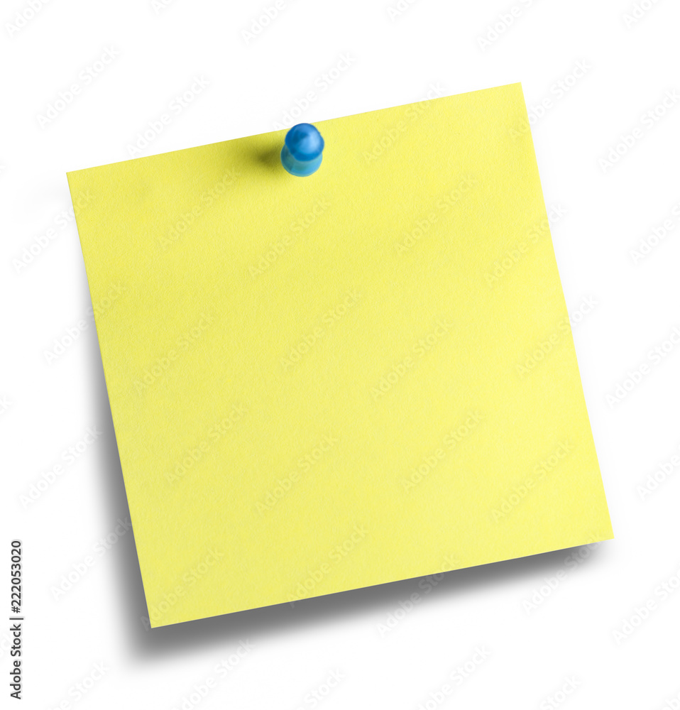 A blank yellow reminder notice paper tacked to a board A blank yellow reminder notice paper tacked to a board