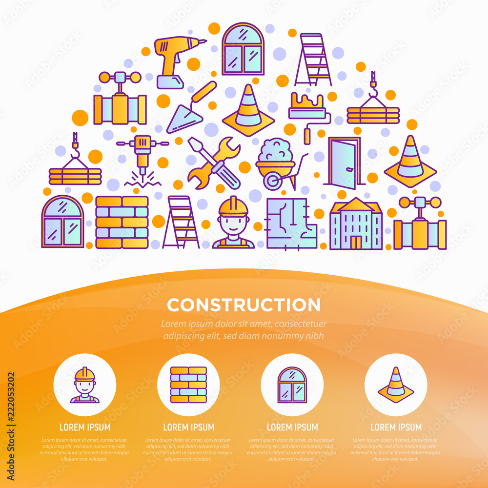 Construction concept in half circle thin line icons: builder in helmet, work tools, brickwork, plumbing, drill, trowel, traffic cone, stepladder, jackhammer. Vector illustration, web page template. Construction concept in half circle thin line icons: builder in helmet, work tools, brickwork, plumbing, drill, trowel, traffic cone, stepladder, jackhammer. Vector illustration, web page template.