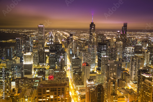 Aerial view of downtown city skyscraper buildings in Chicago Illinois USA