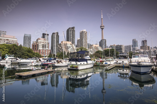 Downtown city view of Toronto Canada from Queens Quay and Lake Ontario