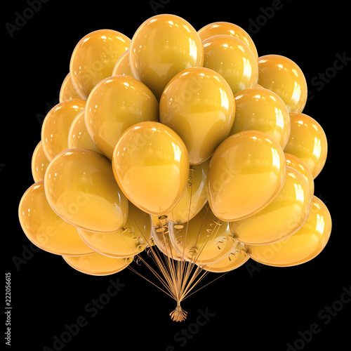 yellow balloons bunch shiny party decoration. birthday helium balloon group. festival, carnival, holiday event, anniversary celebration symbol. 3d rendering, isolated on black