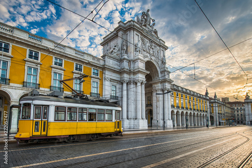 Historic yellow tram in Lisbon, Portugal