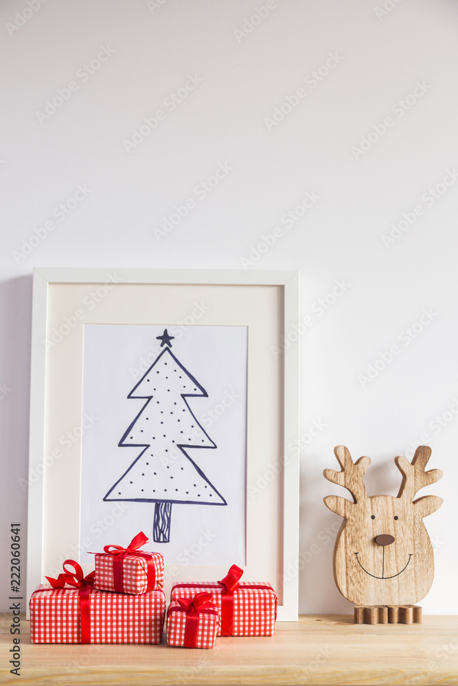Christmas tree doodle, gifts, reindeer and decorations.