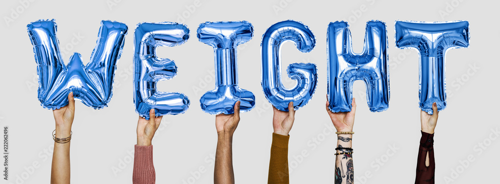 Hands showing weight balloons word