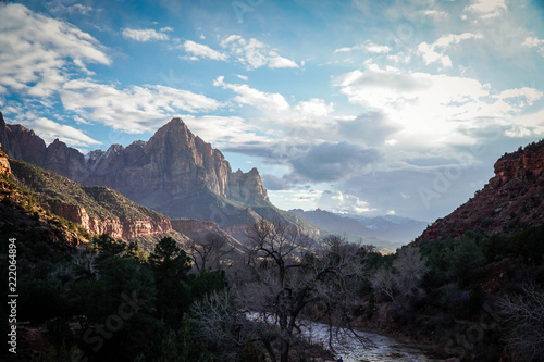 Zion National Park in Utah.  Photo taken during sunset looking down the canyon. 