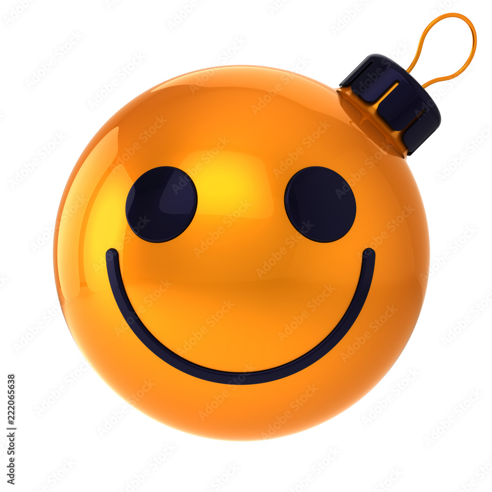 Funny Christmas ball face New Year's Eve bauble cartoon decoration cute orange. Merry Xmas cheerful person laughing character adornment. 3d rendering