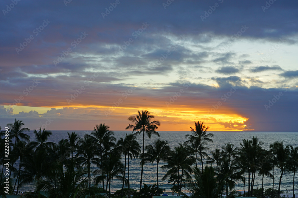 Colorful sunset over the beach in Wailea on the West Shore of the island of Maui in Hawaii