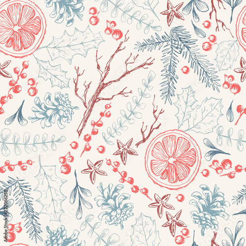 Vector hand drawn seamless pattern with Christmas natural herbal