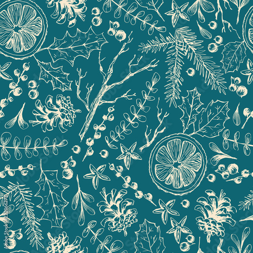 Vector hand drawn seamless pattern with Christmas natural herbal