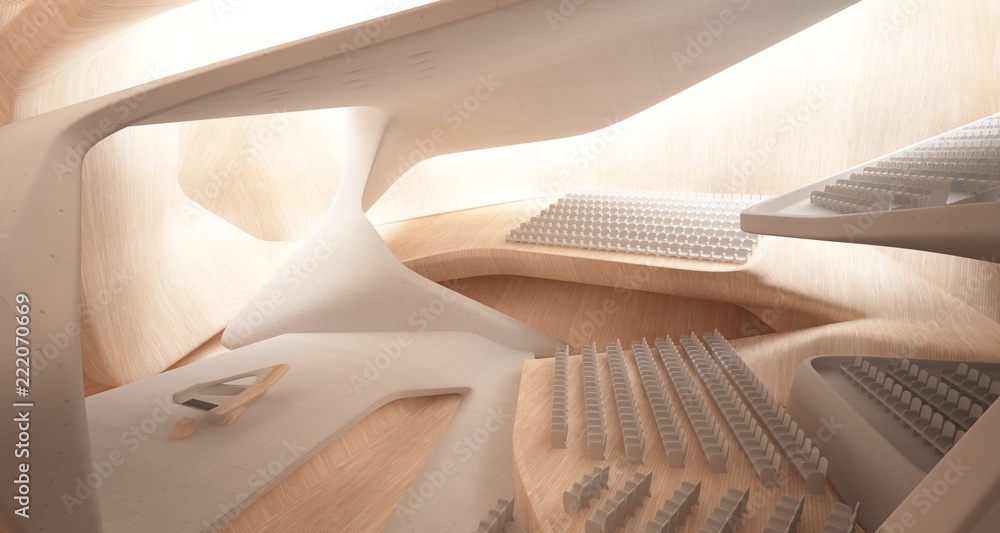 Conceptual abstract design of the interior of the concert hall and grand piano in a modern style. 3D illustration and rendering.