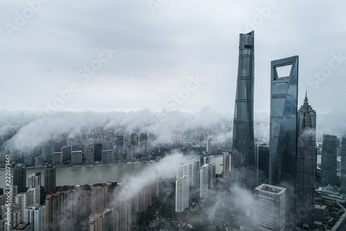 Photography aerial view of buildings of Shanghai city in a stormy day