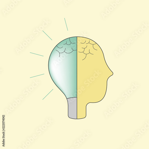 Human skull shape divided into 2 parts representing brainwork and personal ability, with light bulb symbol as a gimmick. Vector illustration.