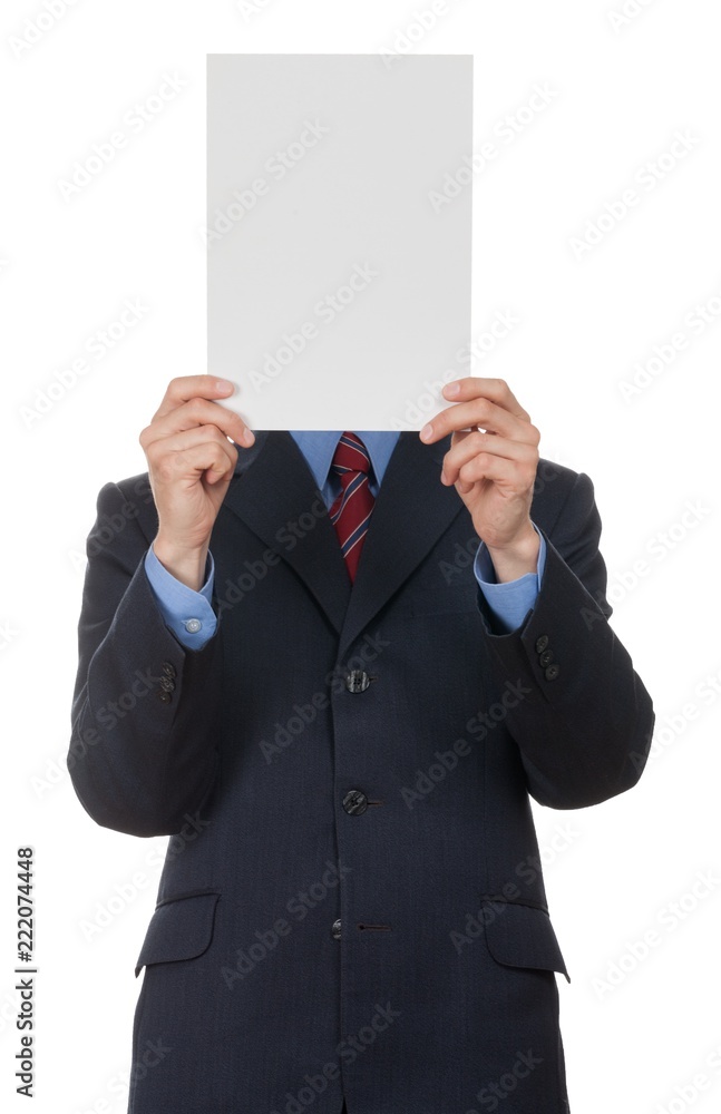 Businessman Holding a Blank Paper Sheet in Front of His Face Businessman Holding a Blank Paper Sheet in Front of His Face