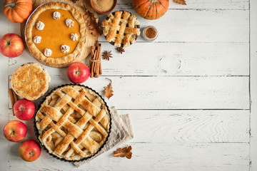 Thanksgiving pumpkin and apple various pies