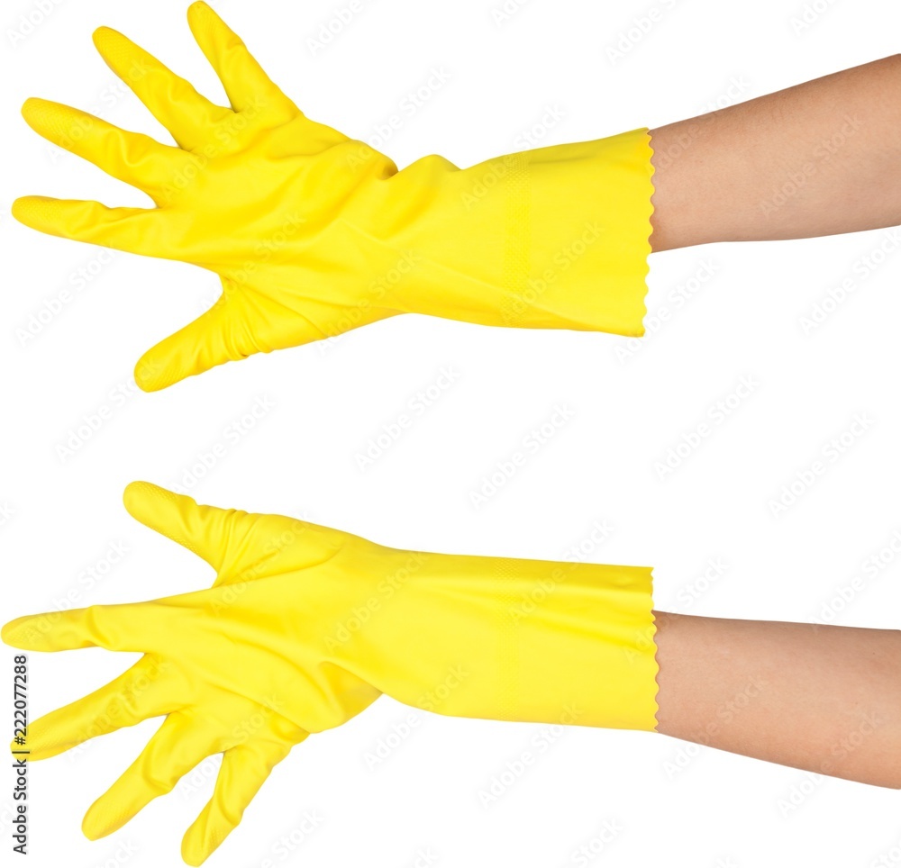 Fototapeta hand doing hand gestures while wearing a rubber gloves