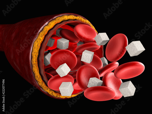 Sugar in the blood. blood cell with cube of sugar, 3d Illustration