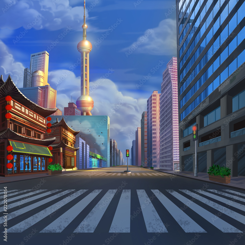 Obraz premium China ShangHai Street Realistic Country City Area Painting Series. Video Game's Digital CG Artwork, Concept Illustration, Realistic Cartoon Style Scene Design 
