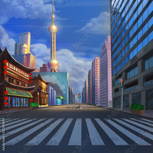 China ShangHai Street Realistic Country City Area Painting Series. Video Game's Digital CG Artwork, Concept Illustration, Realistic Cartoon Style Scene Design 
