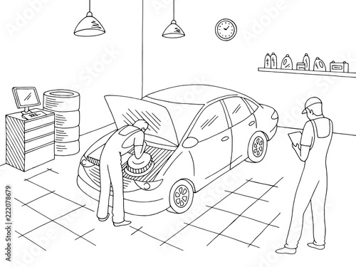 Car service interior graphic black white sketch illustration vector. Workers repair a vehicle