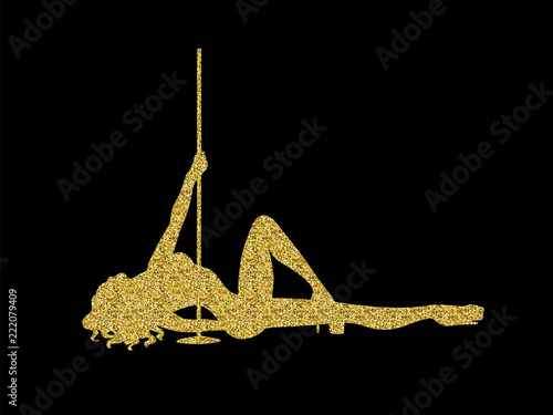 Gold glitter silhouette pole dance on a black background. Hand scketch exotic dance vector illustration. line clipart with text for logotype, badge, icon, logo, banner, tag, clothes
