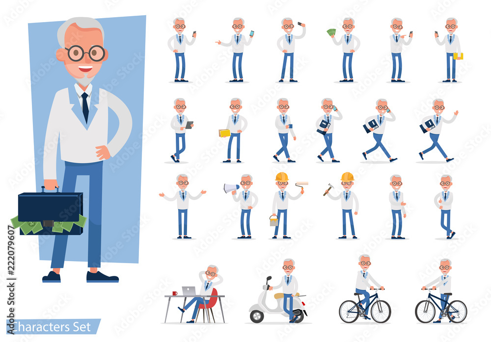 Set of Businessman character vector design doing different gestures. Presentation in various action with emotions, running, standing, walking and working. no10 Set of Businessman character vector design doing different gestures. Presentation in various action with emotions, running, standing, walking and working. no10