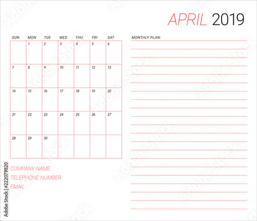 April 2019 desk calendar vector illustration