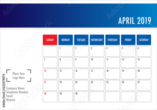 April 2019 desk calendar vector illustration