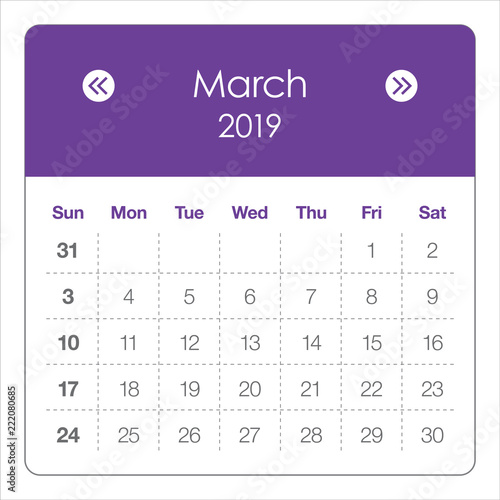March 2019 monthly calendar vector illustration
